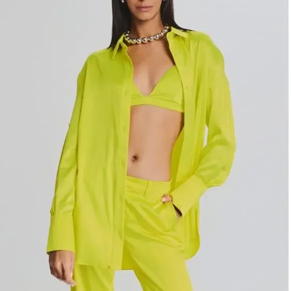 NEW Ser.O.Ya by Retrofête Cayne Silk Shirt - Neon Lime Yellow - XS - $375 - Picture 6 of 12